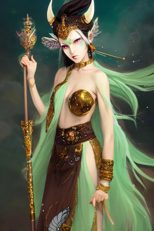 Image similar to beautiful fairy, brown skin, white hair, devil's horn on her head, green eyes and the third eye on her forehead, dressed in dunhuang clothes, with black and gold wings behind her, and a brown scepter in her hand. character design, animation image design, painting by wlop