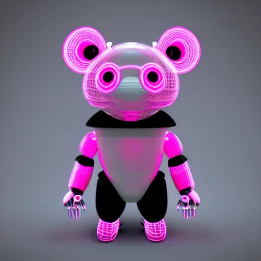 Image similar to 3D Render Portrait Of A Cute, Robot Panda With Glowing Yellow Eyes On A Neon Pink Background, Digital Art