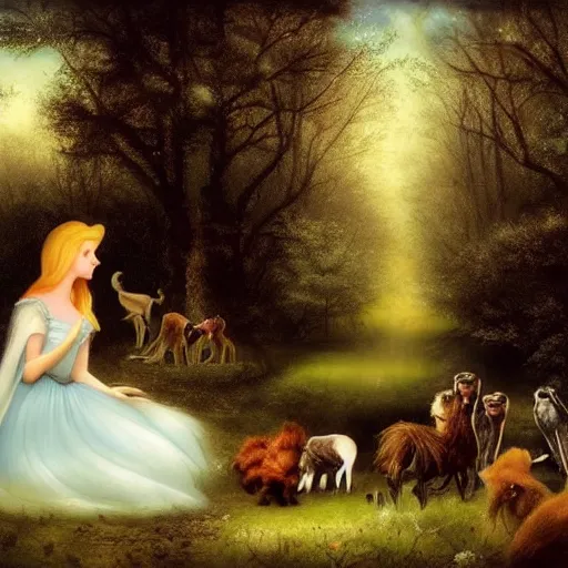 Prompt: A beautiful street art of Princess Aurora singing in the woods while surrounded by animals. She looks so peaceful and content in the company of the animals, and the colors are simply gorgeous. flash photography by Brian Mashburn, by Arnold Böcklin