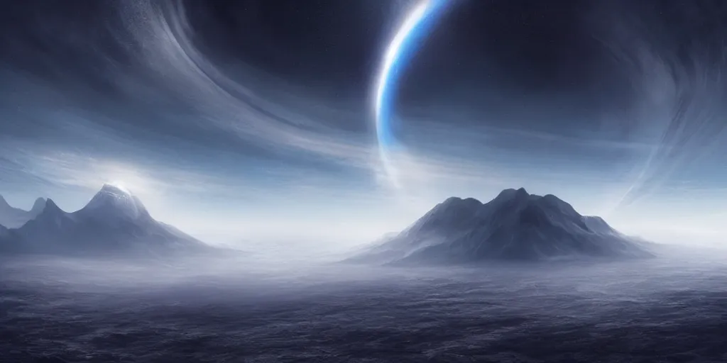 Prompt: A black hole viewed from the surface of a blue ocean planet, blue ocean, sparse mountains on the horizon, clouds, light fog, dramatic lighting, stunning, art by Jessica Rossier