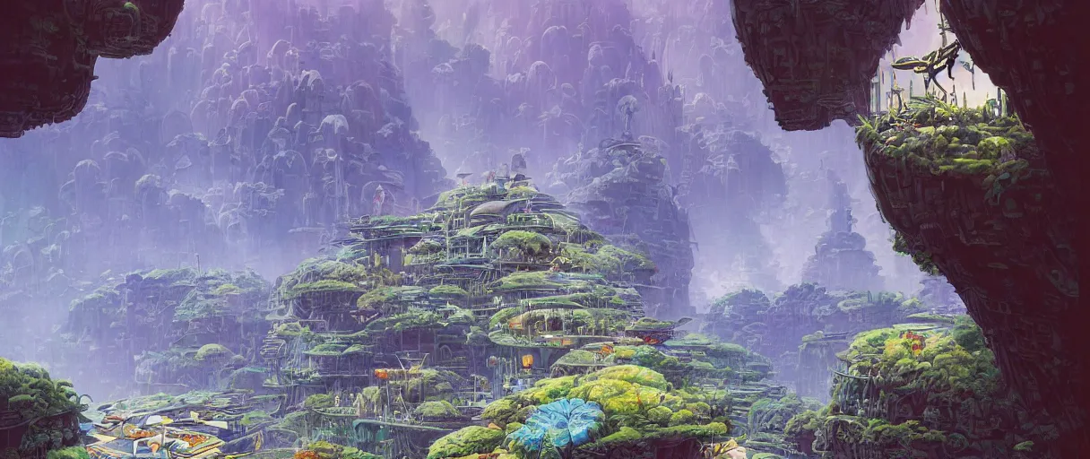Prompt: A beautiful illustration of a domed retro futuristic garden city built across a massively deep canyon on a tropical alien world by Robert McCall | Daniel Merriam:.5 | sparth:.2 | Time white:.2 | Rodney Matthews:.2 | Graphic Novel, Visual Novel, Colored Pencil, Comic Book:.2 | unreal engine:.6 | first person perspective:.6 | establishing shot:.7