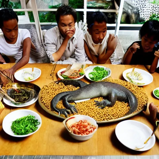 Image similar to a group of komodo dragons having a feast consisting of only indomie instant noodles on a fancy dining table, cartoon style