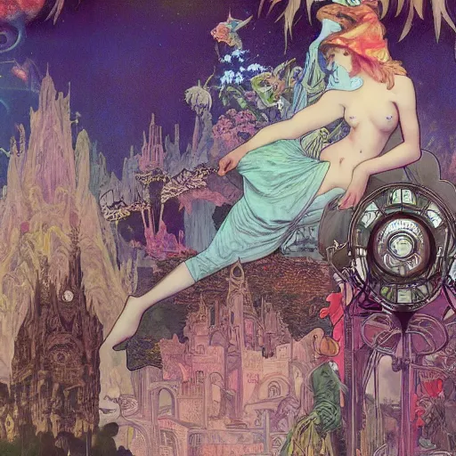 Image similar to a beautiful matte painting of lost in wonderland, a grand scale dystopic event by giger and lisa frank and alphonse mucha