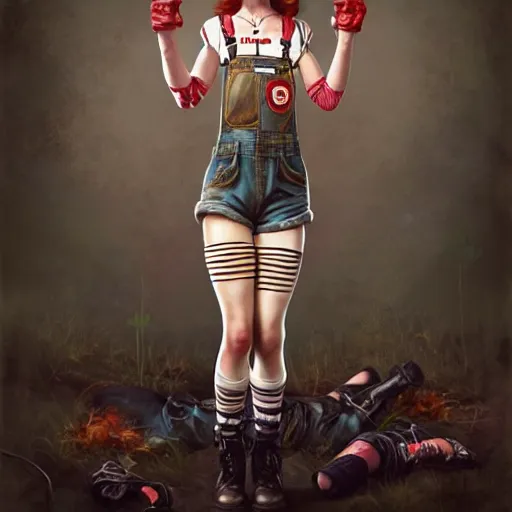 Image similar to full body pose, grungy alice, torn overalls, short shorts, lace gloves, combat boots, fishnets, beautiful, highly detailed face, true anatomy!, extremely detailed!, digital painting, unreal engine 5, art by tom bagshaw