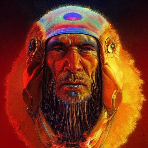 Image similar to ancient shaman staring intently at you, explosive color radiating from his mouth and eyes, by tyler edin and luke brown albert bierstadt moebius james gurney artstation