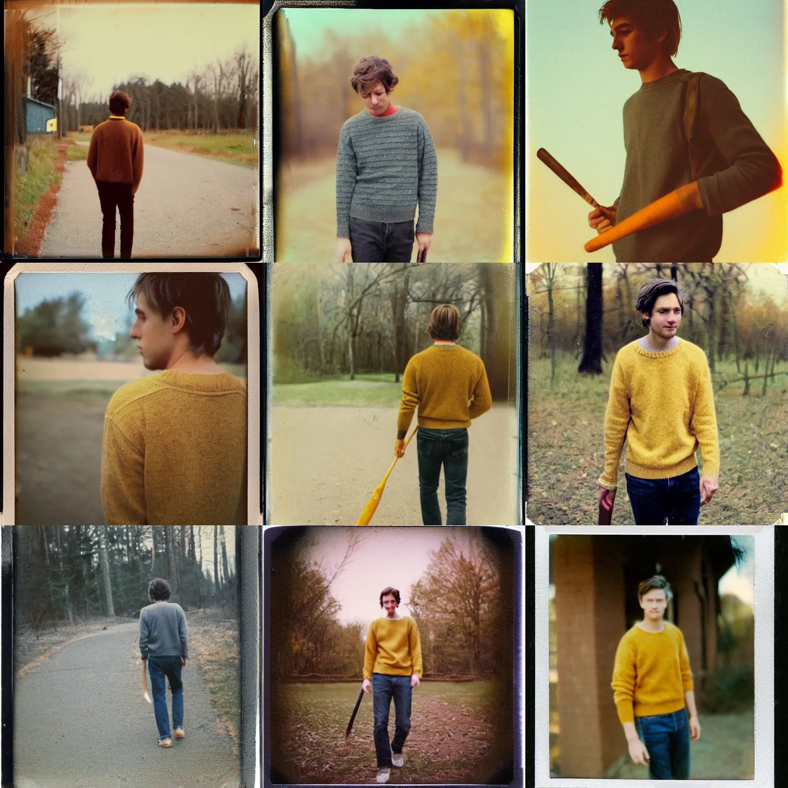 Prompt: instax polaroid film photo of an attractive young man with messy medium length light brown hair and a yellow sweater walking away from the camera with a nail bat, zoomed out, warm, nostalgia, faded glow, expired film analog photography, grainy texturized dusty, saturated colorized