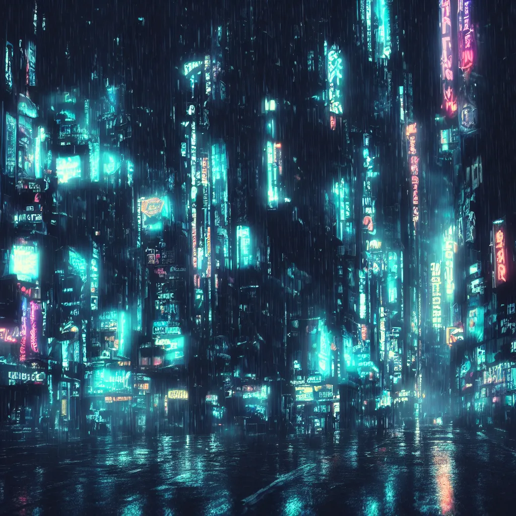 Image similar to dark city street in the rain, neon lights, cyberpunk, year 2 0 9 9, blade runner, octane render, 4 k