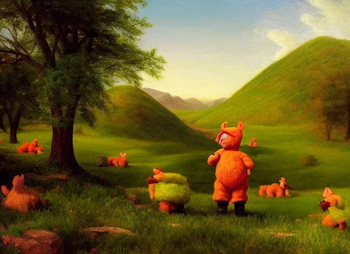 Image similar to american realist romanticism landscape painting of teletubbies in the style of hudson river school and thomas cole and albert bierstadt and robert duncanson