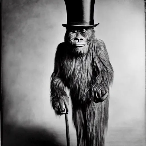 Prompt: a vintage wet plate portrait of a dignified bigfoot with a top hat and cane, extremely detailed, by philippe halsman!!!!!!!!!!!!!!!!!!