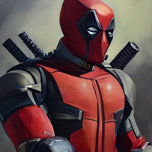 Image similar to greg manchess portrait painting of armored deadpool as overwatch character, medium shot, asymmetrical, profile picture, organic painting, sunny day, matte painting, bold shapes, hard edges, street art, trending on artstation, by huang guangjian and gil elvgren and sachin teng