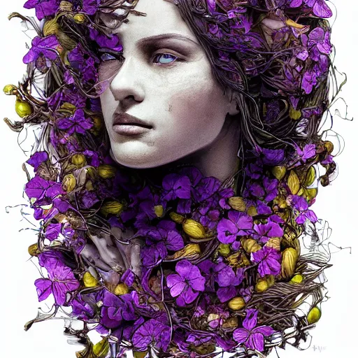 Image similar to the head of an incredibly elegant and beautiful woman partially made of potatoes and violets, an ultrafine detailed illustration by james jean, final fantasy, intricate linework, bright colors, behance contest winner, vanitas, angular, altermodern, unreal engine 5 highly rendered, global illumination, radiant light, detailed and intricate environment