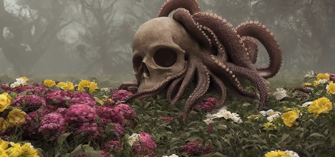 Prompt: an octopus in the shape of a skull surrounded by flowers at noon, foggy, cinematic shot, photo still from movie by denis villeneuve, wayne barlowe