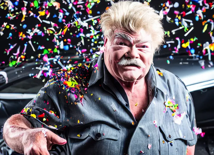 Image similar to photo still of rip taylor at a car accident scene!!!!!!!! at age 5 4 years old 5 4 years of age!!!!!!! throwing confetti from a bucket, 8 k, 8 5 mm f 1. 8, studio lighting, rim light, right side key light
