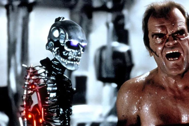 Prompt: Jack Nicholson plays Terminator, his one yes glow red, scene where his endoskeleton gets exposed, still from the film