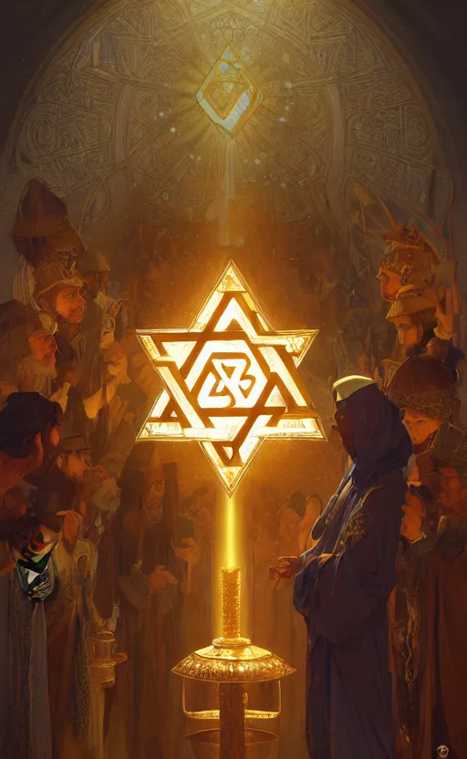 Image similar to the personification of judaism, jerusalem, star of david, menorah, highly detailed, digital painting, artstation, concept art, sharp focus, illustration, art by greg rutkowski and alphonse mucha