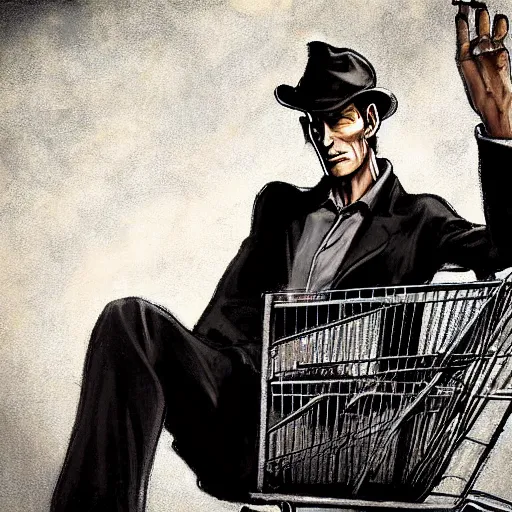 Prompt: nick valentine is sitting in a shopping cart, realism, proportions, 1 6 f, stylization for fallout 4