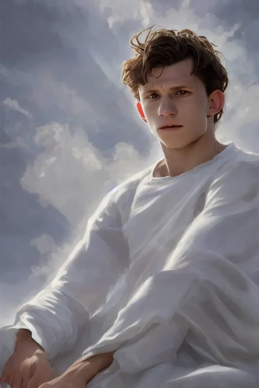 Image similar to tom holland godly white clothes meditating in the sun, blank lighting ultra realistic photorealistic highly detailed high quality, a stunningly, digital painting, artstation, concept art, smooth, sharp focus, illustration, art by artgerm and greg rutkowski and alphonse mucha 8 k