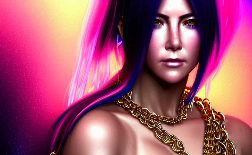 Image similar to hyperdetailed portrait of a stunningly beautiful cyberpunk jennifer anniston with short dark hair guard made of iridescent metals and shiny pink gems, bright rainbow nimbus, gold necklace, gold background inspired by ross tran and masamune shirow and kuvshinov, intricate, photorealistic, octane render, rtx, hdr, unreal engine, dnd digital art by artgerm