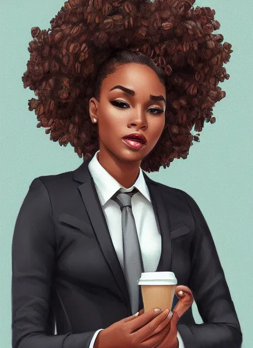 Prompt: detailed digital painting of beautiful black woman in corporate attire holding a cell phone and steaming coffee mug, fanart behance trending on artstation, concept art, matte, sharp focus, illustration, corner office background, hearthstone, art by artgerm and greg rutkowski and alphonse mucha