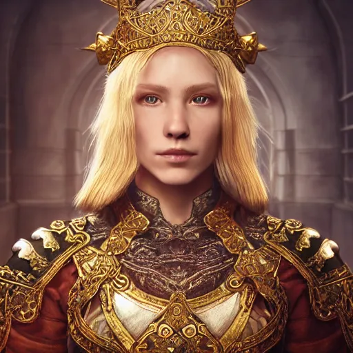 Image similar to the elder scrolls vi, charismatic regal blonde female jarl, portrait, exquisitely designed throne room, atmospheric lighting, painted, intricate, volumetric lighting, beautiful, daytime, slightly sunny weather, sharp focus, deep colours, ultra detailed, by leesha hannigan, ross tran, thierry doizon, kai carpenter, ignacio fernandez rios