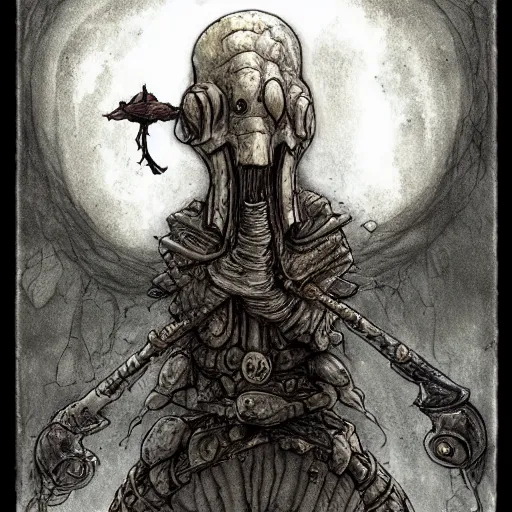 Prompt: squidward as a dark souls boss by santiago caruso