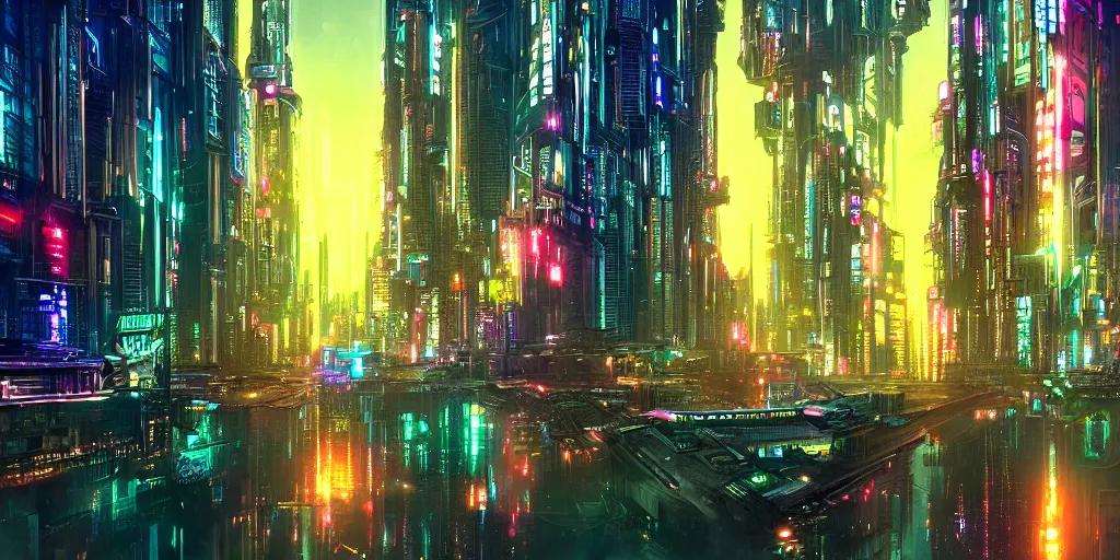 Prompt: a digital painting of a cyberpunk city at night surrounded by a glistening lake by stephan martiniere, deviantart, utopian art, art deco, saturated, hyper colorful