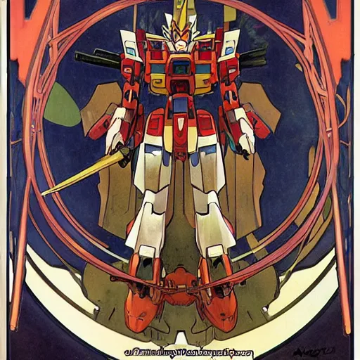 Image similar to anime manga mecha gundam robot portrait by Alphonse Mucha art nuevou