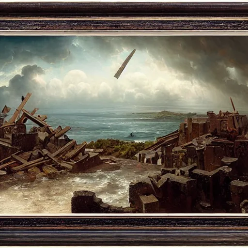 Prompt: Panorama view of a hurricane carrying ruined pieces from an ancient castle into the sky, flying island, oil painting, by Greg Rutkowski