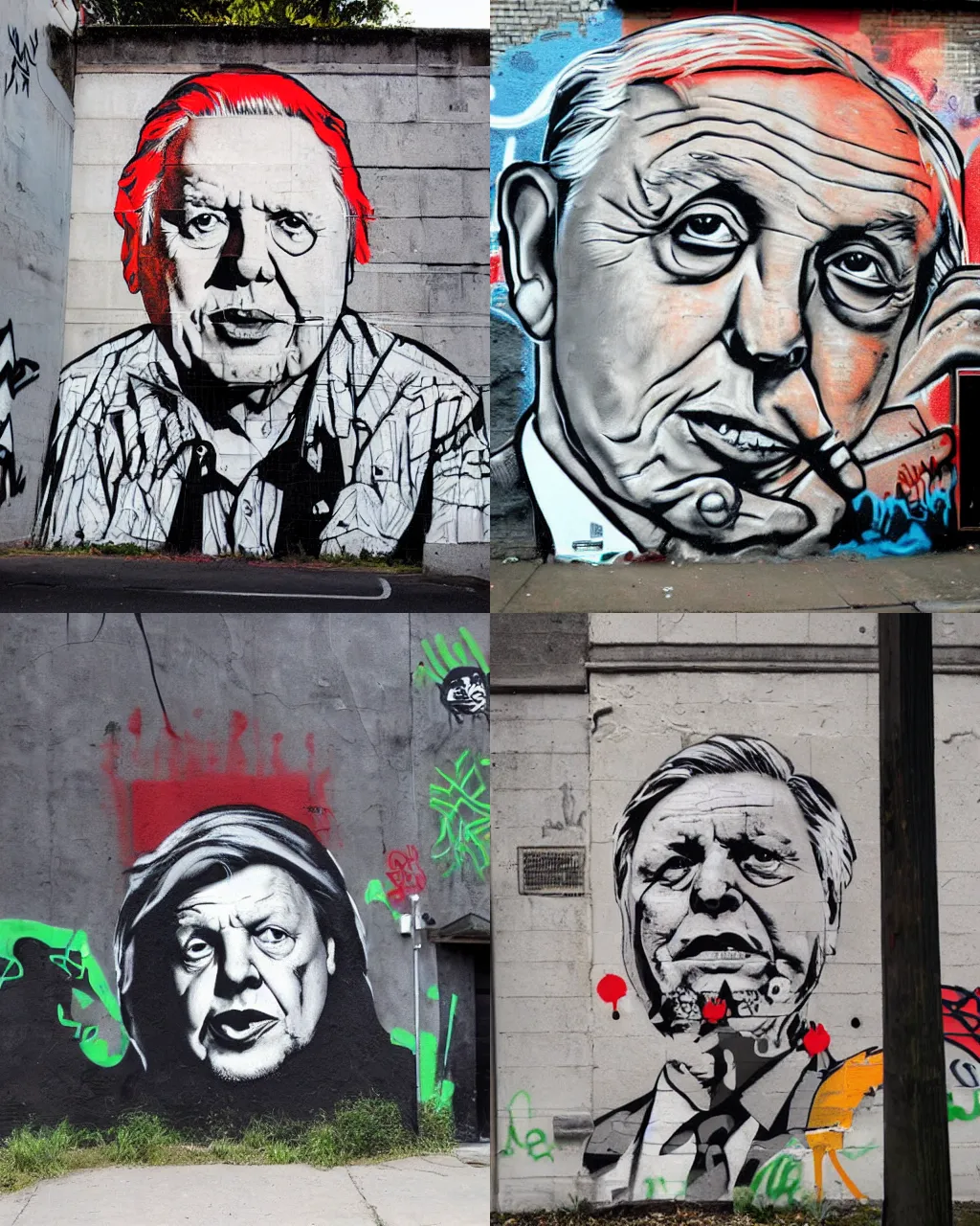 Prompt: graffiti portrait of david attenborough, street art by shepard fairey and banksy