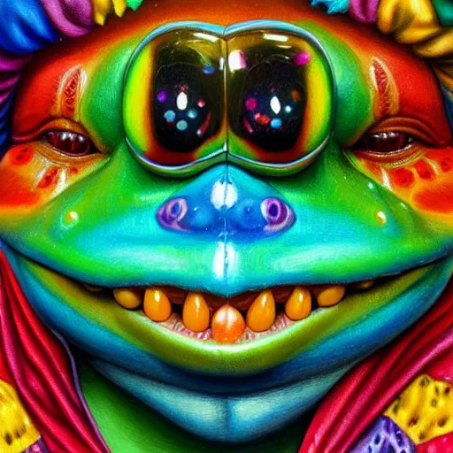 Prompt: a detailed mate painting of a rainbow clown frog'by stephanie law, existential horror, trending on cgsociety artstation, highly detailed, 8 k, masterpiece, super resolution.