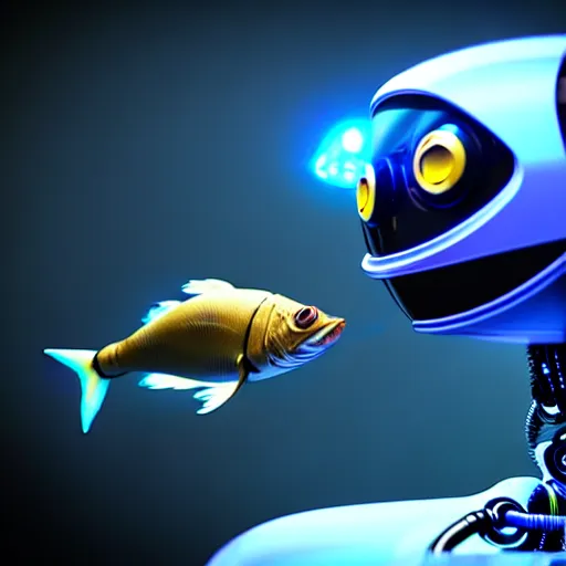 Prompt: a robot with a fish inside of it, photorealistic 3 d octane render, unreal engine