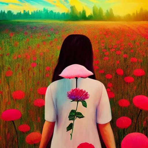 Image similar to girl with an blooming flower for a face, surreal photography, dream, standing in flower field, magical, in a valley, sunrise dramatic light, impressionist painting, colorful clouds, artstation, simon stalenhag, exploding flower face