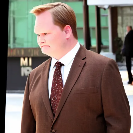 Prompt: Andy Richter is wearing a chocolate brown suit and necktie. Andy is standing outside in the bright sun. His face is covered with sweat.
