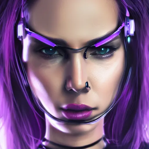 Image similar to headshot artwork of a cyberpunk woman wearing thick steel choker around neck, 4K, detailed face, collar on neck, realistic, artstation, neon purple,