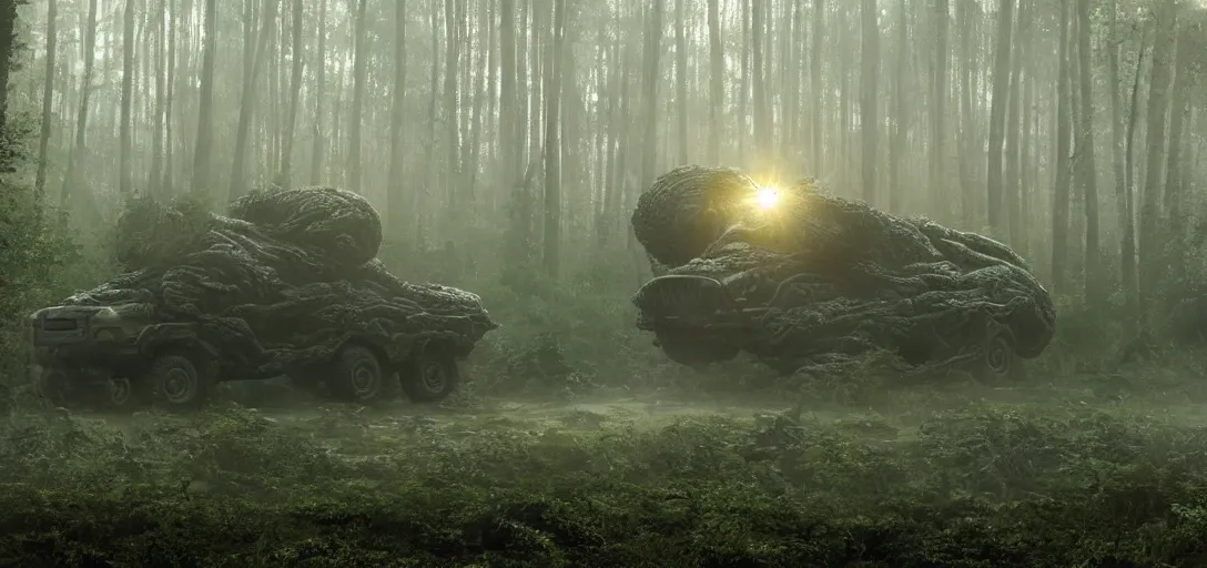 Image similar to military trucks surrounding a complex organic fractal 3 d metallic symbiotic ceramic humanoid megastructure creature in a swampy lush forest, foggy, sun rays, cinematic shot, photo still from movie by denis villeneuve, wayne barlowe