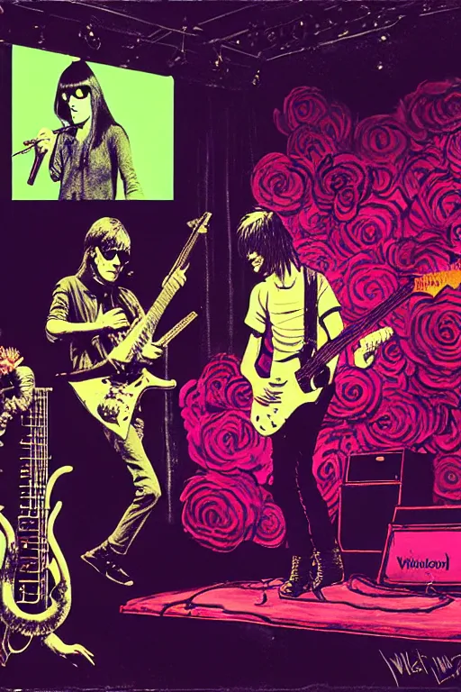 Image similar to the velvet underground and nico playing live on stage at a night club, beautiful stage decoration with flowers in the background, painting by bill watterson, very detailed and colorful and toned down and ornamental and moody and cool and relaxed and high on drugs, trending on artstation, behance contest winner