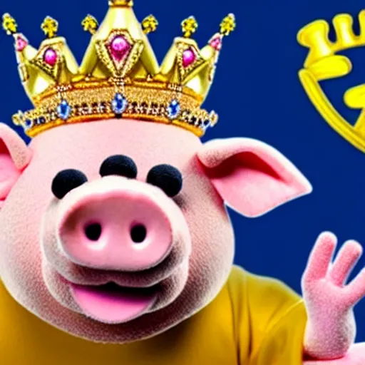 Image similar to full body zoomed out photo of pig king wearing a gold crown depicted as a muppet