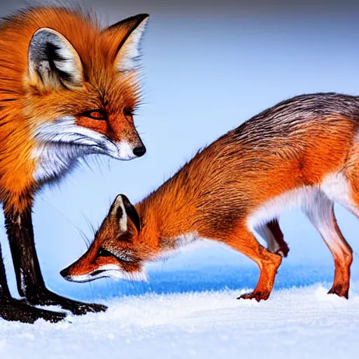 Image similar to mouse mixed with a fox searching for food in the snow, macro shot, soft light of winter, award winning photo, national geographic,