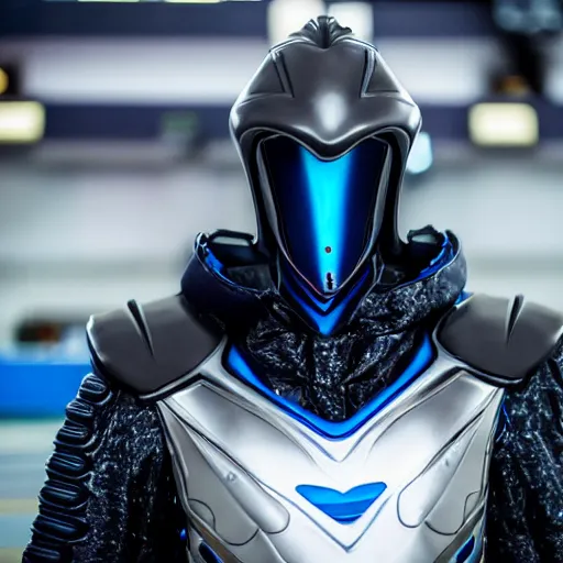 Image similar to low angle upper view of Austin Butler dressed in dark-blue-futuristic-baroque duelist-garb and carbon-armor, standing in an arena, XF IQ4, f/1.4, ISO 200, 1/160s, 8K, RAW, unedited, symmetrical balance, face in-frame