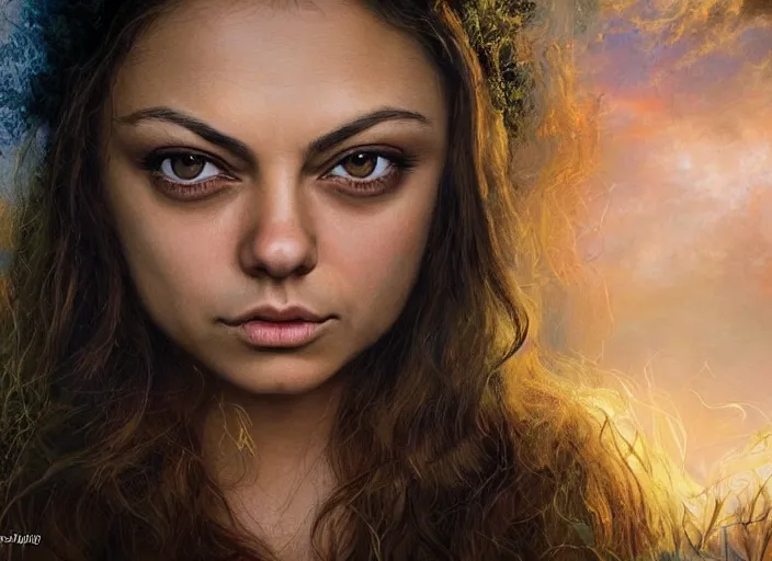 Image similar to big-eyed surprised Mila Kunis staring intensely into the camera, sundown golden hour firefly wisps, Lilia Alvarado, Sophie Anderson, Mark Arian, Bob Byerley, Charlie Bowater, Mark Brooks, Steve Henderson, Justin Gerard, Arthur Hughes, Edward Robert Hughes, Mark Keathley, Victor Nizovtsev, Carlos Shwabe, Ross Tran, WLOP