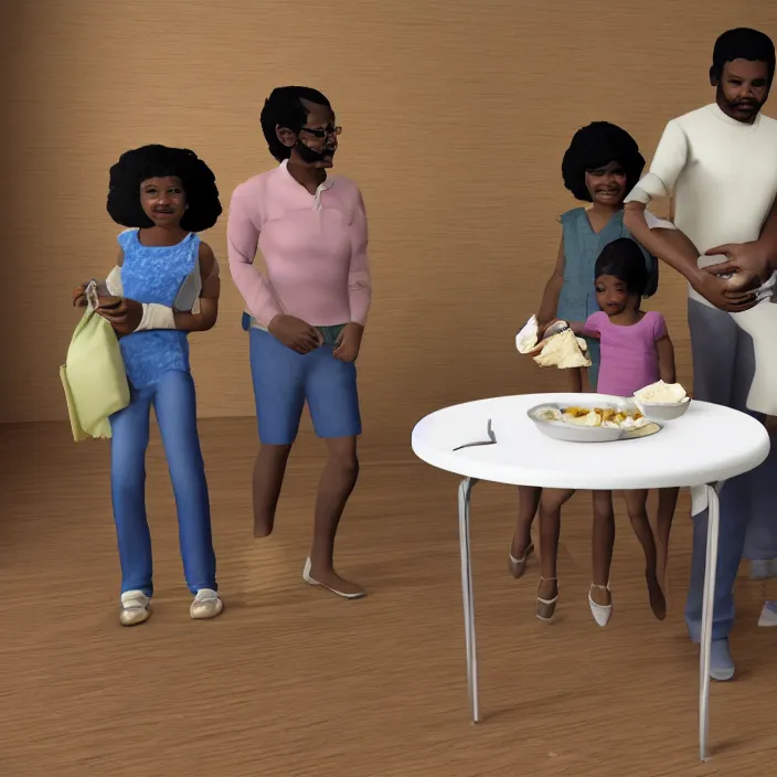 Image similar to African American family in 1979 with two daughters and a son eating chicken, mash potatoes, and rolls for dinner. 3d version style