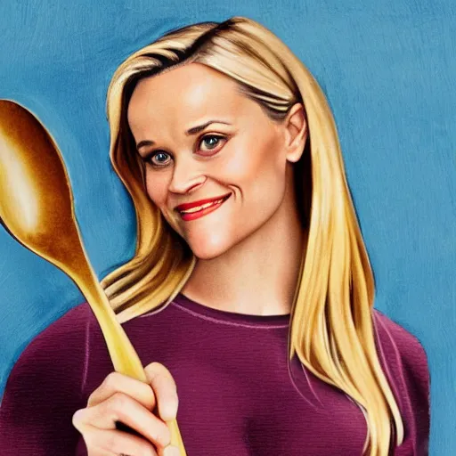 Prompt: reese witherspoon holding a spoon in her hand, reese witherspoon, hyper realistic, medium shot