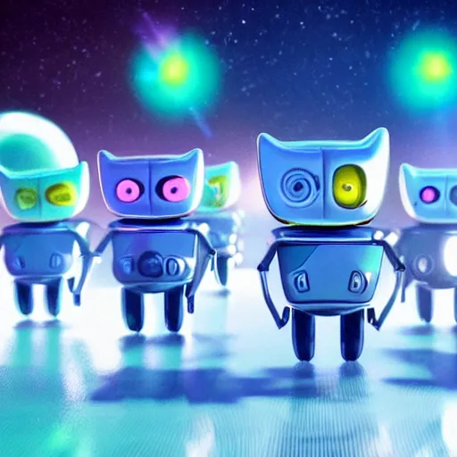 Image similar to promotional movie still wide - angle 3 0 m distance. nanorobots ( ( cat ) ) 1 million into the future ( 1 0 0 2 0 2 2 ad ). super cute and super deadly. nanorobots like disco music and dance - offs. cinematic lighting, dramatic lighting. octane 3 d, style saturday night fever