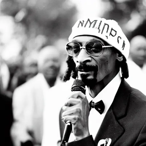 Image similar to vintage photograph of Snoop Dogg speaking at the Million Man March, Sigma 40mm, portrait, black and white