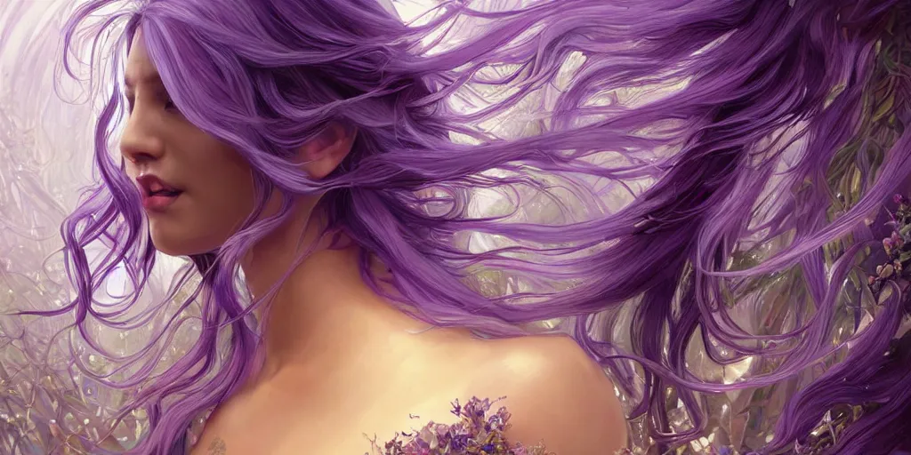 Image similar to wide angle, opalescent purple panther, metallic silver and ice color reflected crystal hair, leaping from babaob tree, fantasy, intricate, very beautiful, elegant, golden light, highly detailed, digital painting, artstation, concept art, smooth, sharp focus, unreal engine, art by wlop and tian zi and alphonse mucha