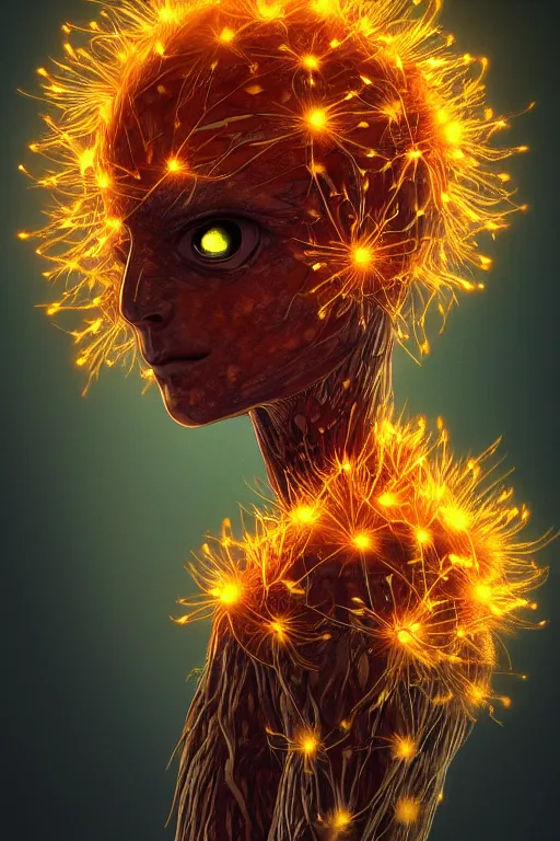 Image similar to a humanoid figure glowing dandelion plant monster, amber eyes, highly detailed, digital art, sharp focus, ambient lighting, autumn, trending on art station, anime art style