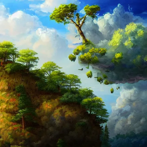 Image similar to a painting of a giant floating castle high up in the sky with a tree - leaf canopy on top. artstation. painting. high - quality. extremely detailed clouds and foliage