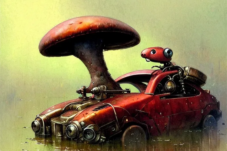 Image similar to adventurer ( ( ( ( ( 1 9 5 0 s retro future robot mouse amphibious vehical home. muted colors. swamp mushrooms ) ) ) ) ) by jean baptiste monge!!!!!!!!!!!!!!!!!!!!!!!!! chrome red