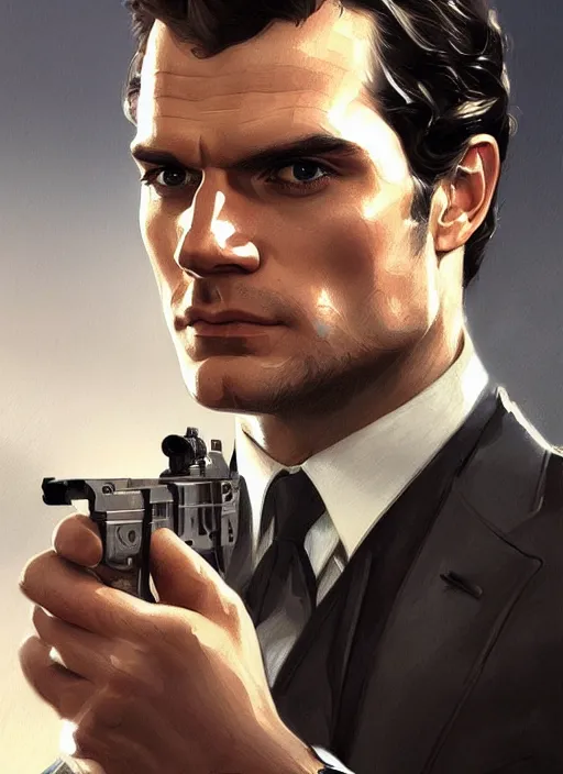 Prompt: portrait of henry cavill as james bond, highly detailed, pistol, digital painting, artstation, concept art, oppresive lighting, sharp focus, illustration, art by artgerm and greg rutkowski and alphonse mucha