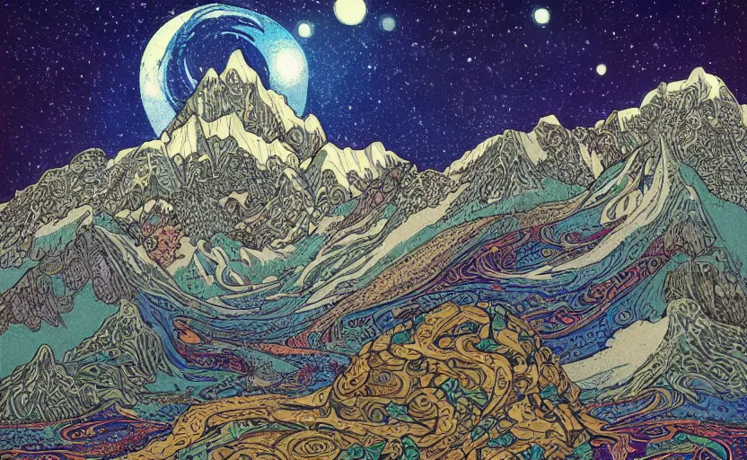 Prompt: mountains, stars and paisley filled sky, artstation, intricate, highly detailed, digital painting, concept art, sharp focus, illustration by Ivan Bilibin and James Jean